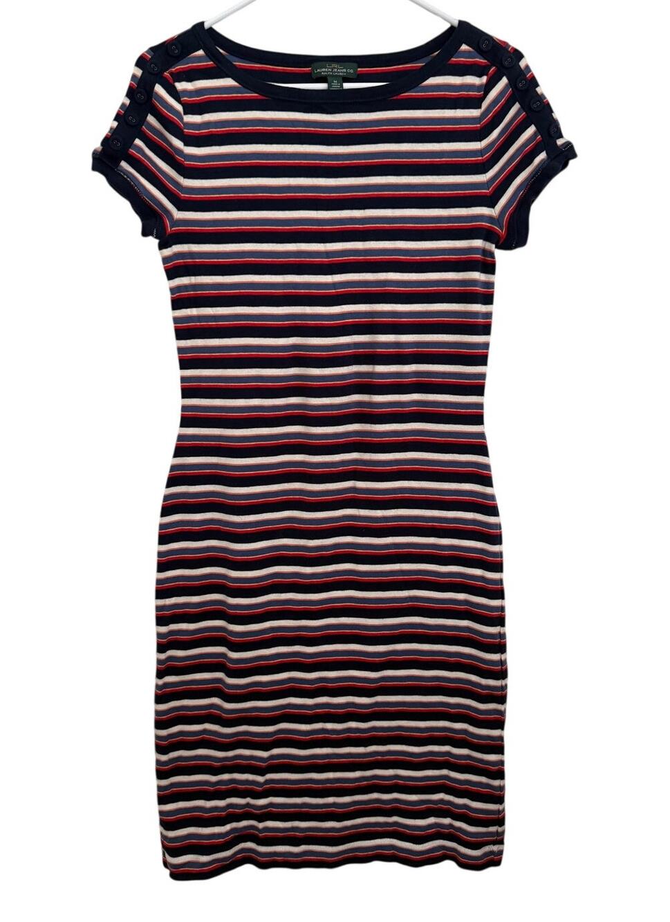 Ralph Lauren Jeans Multi Color Stripe Midi Dress Medium Retro Statement Nautical